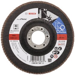X571 Best for Metal, doskonała trwałość podczas obróbki zgrubnej spoin i szlifowania szorstkich powierzchni. Tarcza lamelkowa Bosch Accessories X571 2608607328 Średnica 125 mm 1 szt.