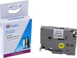 Taśma do nadruku  G&G 15026 zamiennik Zamiennik Brother TZe-131  Kolor taśmy: przeźroczysty Kolor nadruku: czarny 12 mm 8 m