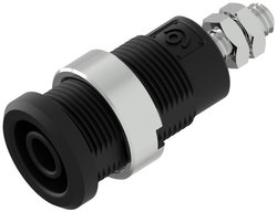 Gniazdo bananowe bezpieczne Ø4mm z okrągłą nakrętką Ø14,5mm, kołkiem gwintowanym M4 i końcówką z nakrętkami sześciokątnymi, czarne Electro PJP 3265-C-CD1-N Gniazdo laboratoryjne zabezpieczone 1 szt.