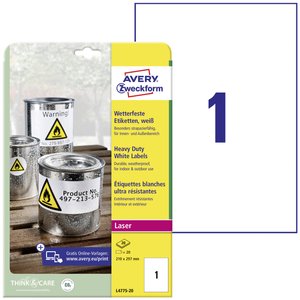 Avery-Zweckform L4775-20 Etykiety foliowe 210 x 297 mm Folia poliestrowa biały 20 szt. Trwały Drukarka Laserowa, kolorowa, Drukarka Laserowa, Drukarka z funkcją kopiowania w kolorze, Kopiarka, Drukarka etykiet
