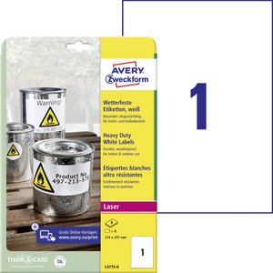 Avery-Zweckform L4775-8 Etykiety foliowe 210 x 297 mm Folia poliestrowa biały 8 szt. Trwały Drukarka Laserowa, kolorowa, Drukarka Laserowa, Drukarka z funkcją kopiowania w kolorze, Kopiarka, Drukarka etykiet