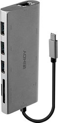 Konwerter USB-C® LINDY 43278 USB 3.1 Typ C Multi-Port Konverter, [1x złącze męskie USB-C - 3x złącze żeńskie USB-A 3.2 Gen 1 (USB 3.0), złącze żeńskie VGA, złącze żeńskie HDMI, złącze żeńskie RJ45, złącze żeńskie USB-C, SD, microSD]
