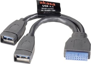 Kabel Y USB 3.2 Gen 1 (USB 3.0) Akasa AK-CBUB09-15BK, [2x złącze żeńskie USB-A 3.2 Gen 1 (USB 3.0) - 1x złącze żeńskie USB 3.2 19-pin (USB 3.0)], 0.15 m, czarny