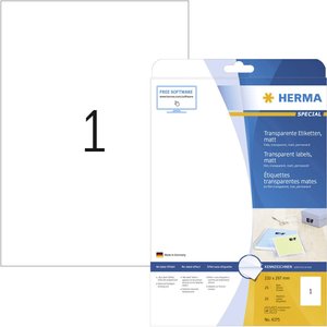 Herma 4375 Etykiety foliowe 210 x 297 mm Folia poliestrowa przeźroczysty 25 szt. Trwały Drukarka Laserowa, kolorowa, Drukarka Laserowa, Drukarka z funkcją kopiowania w kolorze, Kopiarka, Drukarka etykiet