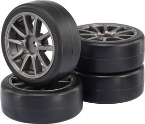 Kompletne koła Reely do modeli szosowych w skali 1:10, gładkie, 15-ramienne, srebrne Koło kompletne Reely RE-6549753 1:10 Tor szary 4 szt.