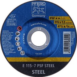 PFERD 62011634 E 115-7 PSF STEEL Tarcza tnąca wygięta Średnica 115 mm Średnica otworu 22.23 mm żeliwo, stal, staliwo 10 szt.