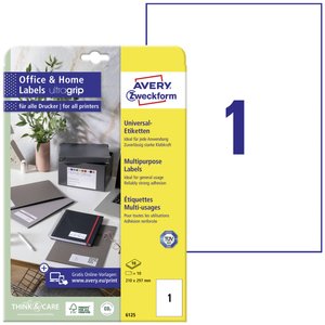 Avery-Zweckform 6125 Etykieta uniwersalna 210 x 297 mm Papier biały 10 szt. Trwały Drukarka atramentowa, Drukarka Laserowa, Drukarka Laserowa, kolorowa, Kopiarka, Drukarka z funkcją kopiowania w kolorze, Drukarka etykiet