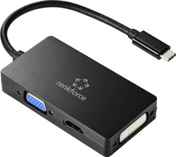 adapter USB-C, HDMI, DVI, VGA Renkforce RF-4633066 RF-HUB-310, [1x złącze męskie USB-C - 1x złącze żeńskie VGA, złącze żeńskie HDMI, złącze żeńskie DVI 29-pin]