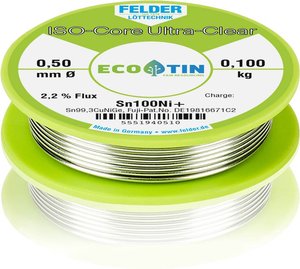 Cyna lutownicza bezołowiowa Felder Löttechnik ISO-Core ''Ultra-Clear'' Sn100Ni+ szpula Sn99,3CuNiG  0.100 kg 0.5 mm