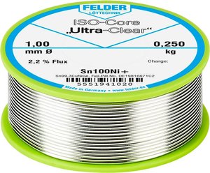Cyna lutownicza bezołowiowa Felder Löttechnik ISO-Core ''Ultra-Clear'' Sn100Ni+ szpula Sn99,25Cu0,7Ni0,05  0.250 kg 1 mm