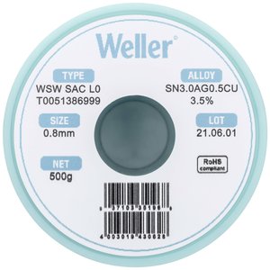 Cyna lutownicza bezołowiowa Weller WSW SAC L0 szpula Sn3,0Ag0,5Cu  500 g 0.8 mm