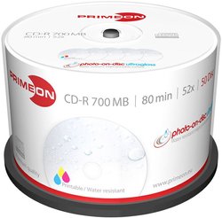 PRIMEON CD-R 700MB 52x Photo-on-Disc ultrabłyszczący 50 pojemnik na ciasto CD-R 80 Primeon 2761109 50 szt.