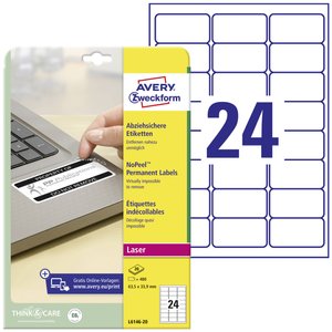 Avery-Zweckform L6146-20 Etykiety bezpieczeństwa 63.5 x 33.9 mm Folia poliestrowa biały 480 szt. Trwały Drukarka Laserowa