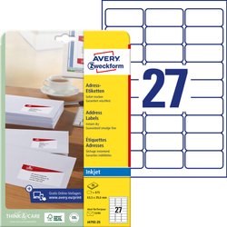 Avery-Zweckform J4792-25 Etykieta adresowa 63.5 x 29.6 mm Papier biały 675 szt. Trwały Drukarka atramentowa, Drukarka etykiet