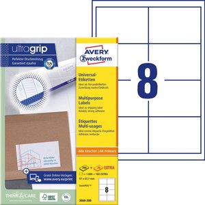 Avery-Zweckform 3666-200 etykiety uniwersalne, trwałe, z ultragrip, 97 x 67,7 mm, do drukarek atramentowych, czarno-biały laser, kolorowy laser, A4 Avery-Zweckform 3660-200 Etykieta uniwersalna 97 x 67.7 mm Papier biały 1760 szt. Trwały Drukarka Laserowa,