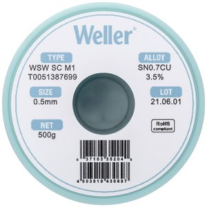Cyna lutownicza bezołowiowa Weller WSW SC M1 szpula Sn0,7Cu  500 g 0.5 mm