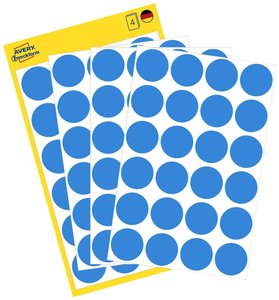Kropki samoprzylepne AVERY Zweckform (Ø 18 mm, 96 punktów samoprzylepnych na 4 arkuszach, papier, mat) niebieskie Avery-Zweckform 3005 Etykiety do oznaczników Ø 18 mm niebieski 96 szt. Trwały Papier