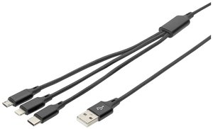 Kabel do ładowania USB Digitus AK-300160-010-S, Złącze męskie Lightning, Złącze męskie USB-A, Złącze męskie USB-C®, Złącze męskie USB Micro-B, 1.00 m