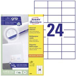 Avery-Zweckform 3474 Etykieta uniwersalna 70 x 37 mm Papier biały 2400 szt. Trwały Drukarka atramentowa, Drukarka Laserowa, Drukarka Laserowa, kolorowa, Kopiarka, Drukarka z funkcją kopiowania w kolorze, Drukarka etykiet