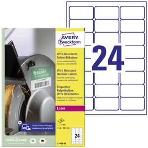 Avery-Zweckform L7912-40 Etykieta uniwersalna 63.5 x 33.9 mm Folia polietylenowa biały 960 szt. Trwały laserowa 40 arkusz DIN A4