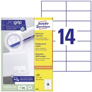 Avery-Zweckform 3653 Etykieta uniwersalna 105 x 42.3 mm Papier biały 1400 szt. Trwały Drukarka atramentowa, Drukarka Laserowa, Drukarka Laserowa, kolorowa, Kopiarka, Drukarka z funkcją kopiowania w kolorze, Drukarka etykiet