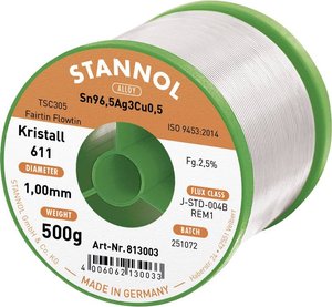 Drut do lutowania miękkiego Stannol Kristall 611 ze stopu Flowtin TSC305 z zawartością topnika 2,5% o średnicy 1,0 mm na szpuli 500g Cyna lutownicza bezołowiowa Stannol Kristall 611 Fairtin bezołowiowa Sn96,5Ag3Cu0,5 REM1 500 g 1 mm